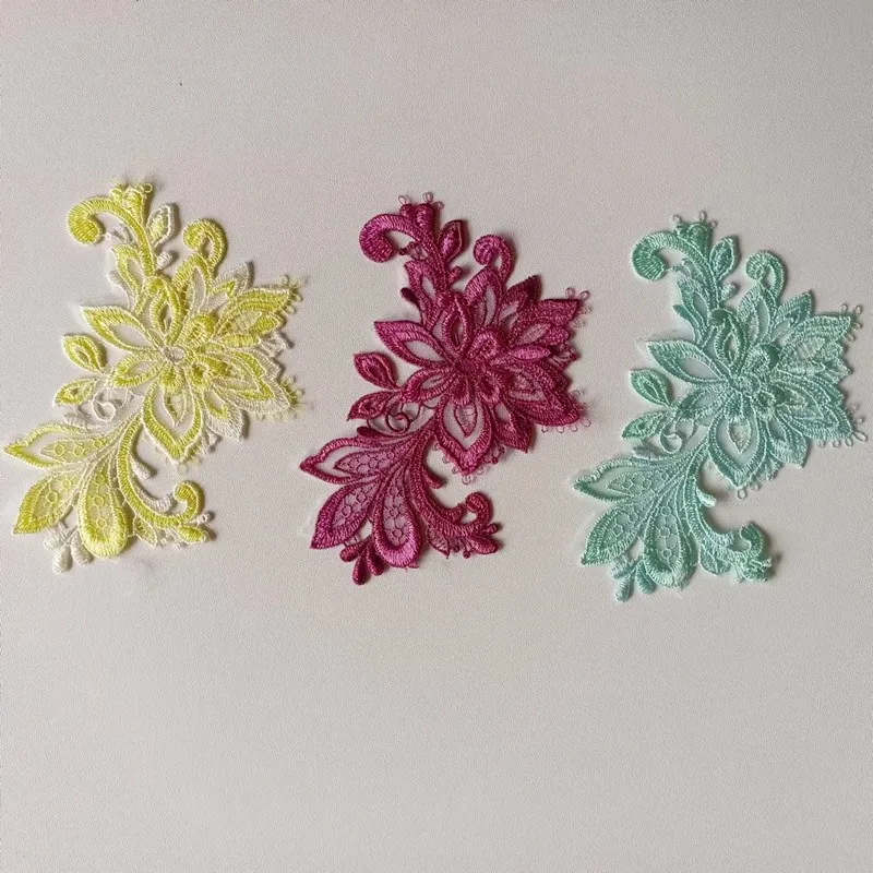 2Pcs/Lot 12*8cm Shiny Pink Green Yellow Gradient Sewing Flower Motif Venise Lace Applique for Garment Embroidery Lace Patches