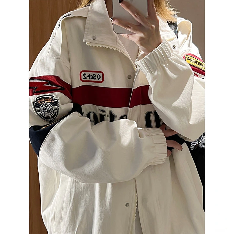 

Deeptown Vintage Racing Jacket Women Oversized Japanese Y2k Streetwear Harajuku Bomber Jackets Zip Up Korean Fashion Windbreaker