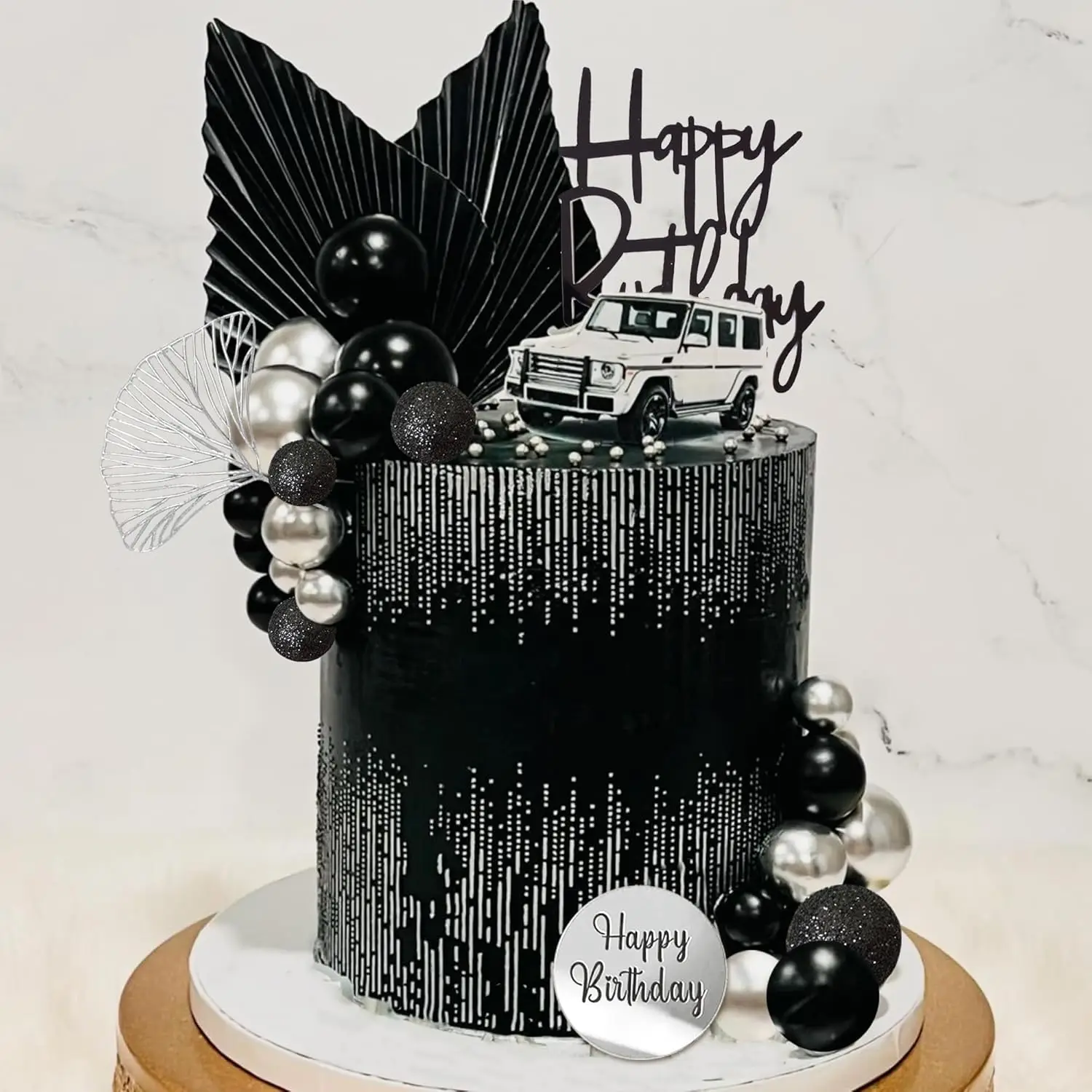 Silberne schwarze Kugeln, Kuchendeckel, alles Gute zum Geburtstag, Kuchendekoration für Hochzeit, Babyparty, Geburtstagsparty-Dekorationen (Silber Schwarz) – Detail 3