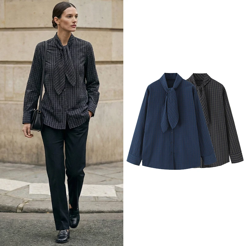 윌셸라 여성 패션 리본 체크무늬 싱글 브레스티드 블라우스 빈티지 스카프 칼라 긴 소매 여성 시크 레이디 셔츠