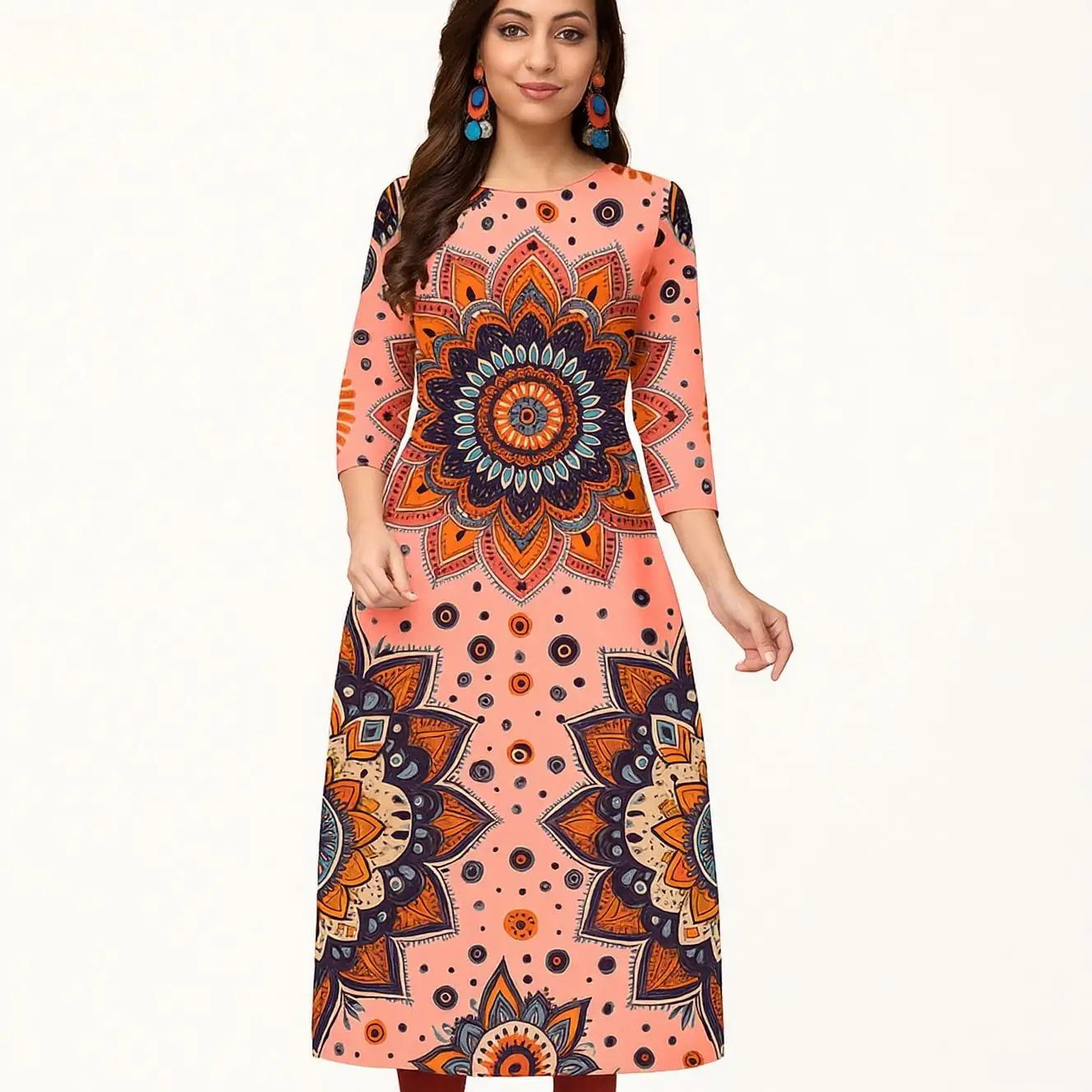 Women's casual, fashionable and comfortable Kurt dress long sleeved straight tube casual ethnic round neck regular size new item