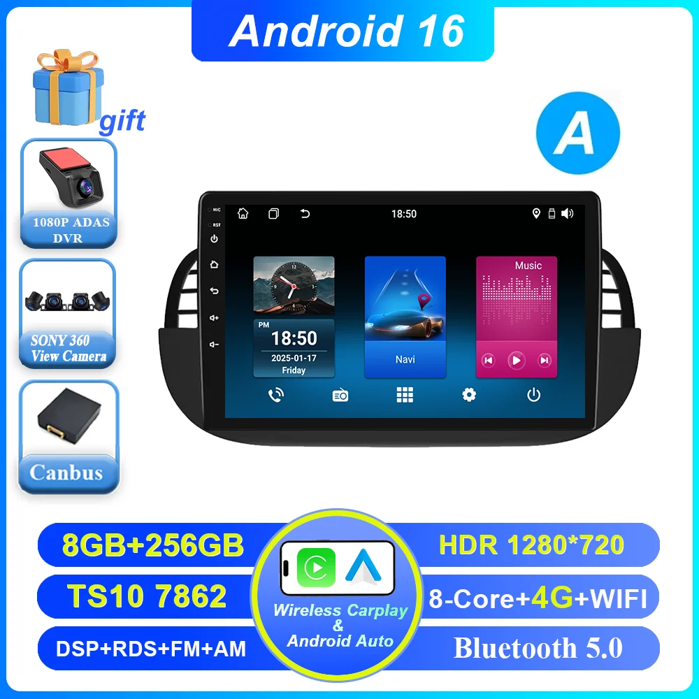 Auto DVD Android 16 Radio Stereo voor Fiat 500 2007-2015 Auto Multimedia Speler GPS Navigatie Hoofdunit Hoge-Prestatie CPU WIFI