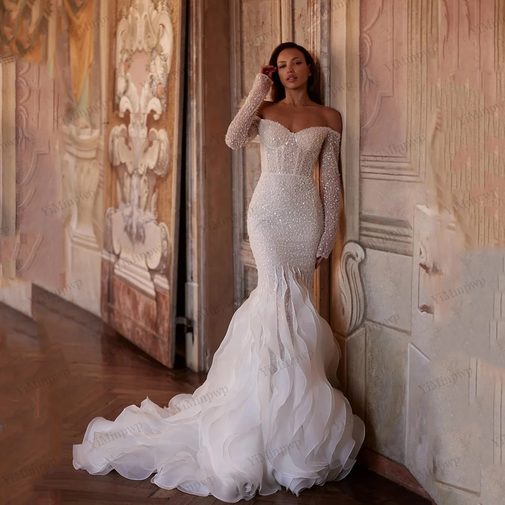 

Luxury Wedding Dresses Sweetheart Full Sleeve Mermaid Beaded Sequin Bride Gowns 2026 vestidos elegantes de noche Customized