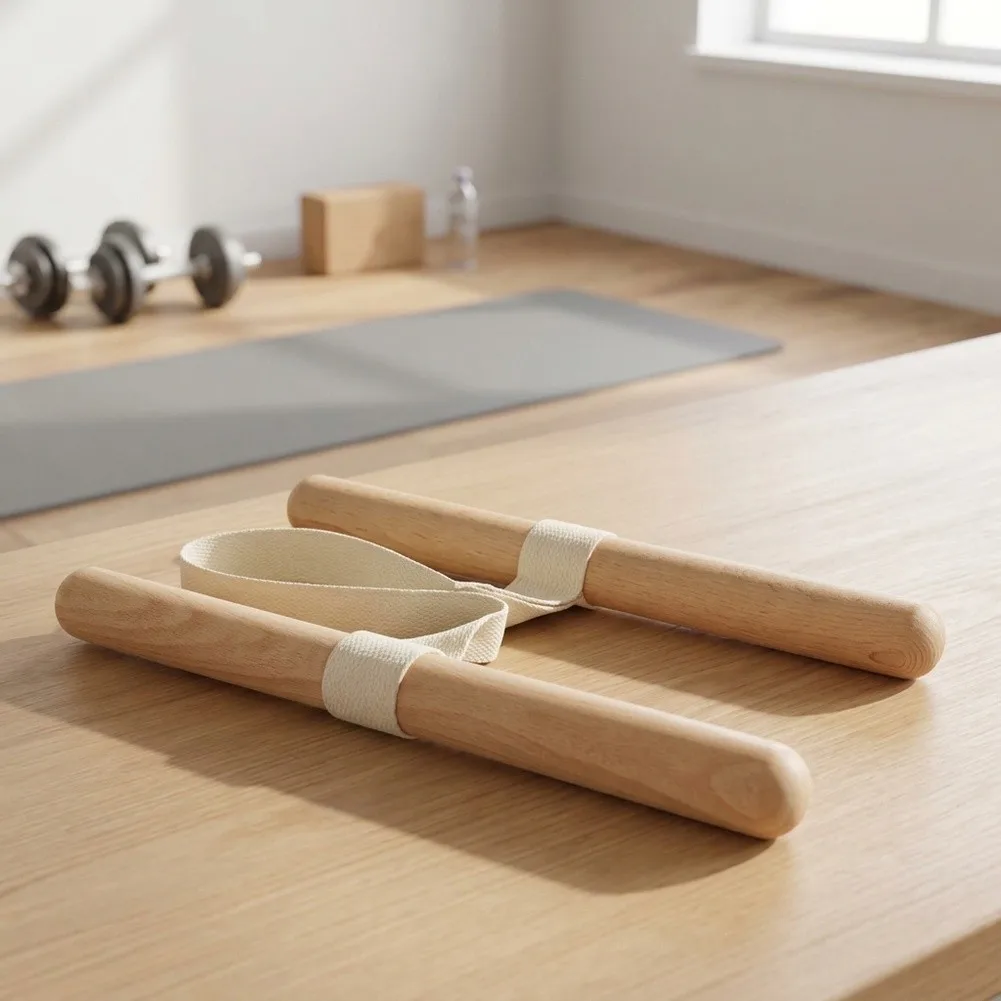 Wooden Stretching Handle for Yoga and Fitness Use Adjustable Strap for Gym Flexibility Natural Beech Wood 32 cm