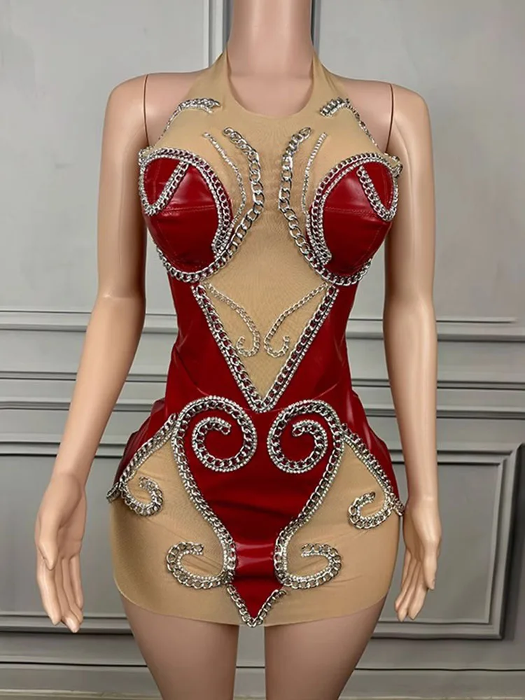 

Sexy Hanging Neck Chain Leather Wrapped Hip Dress 2024 New Fashion Customized Women'S Clothing