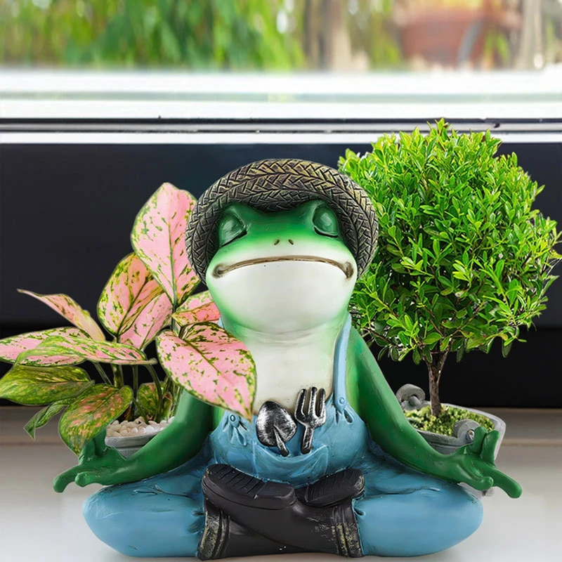 Resin Animal Plant Pots Meditation Frog with 2 Flower Pots Funny Succulent Planter for Home Garden Office Decoration