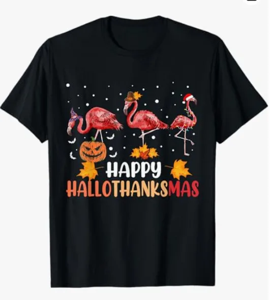 Halloween Thanksgiving Christmas HalloThanksMas Flamingo T-Shirt