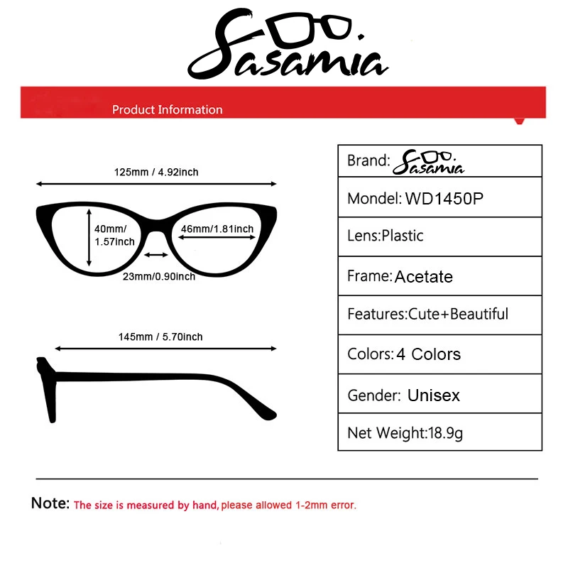 SASAMIA-Óculos acetato redondo, óculos transparentes, Single Colors Frame, óculos de prescrição óptica, grandes templos, WD1450P, Unisex