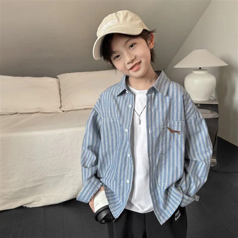 2025 Kids Clothes Blouses Casual Spring And Autumn Children Tops Blue Striped Shirt For Boy Long Sleeve Shirt Boys Cotton Jacket
