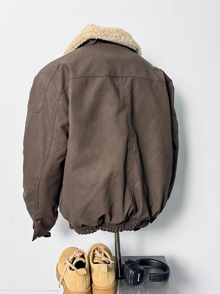 

American Retro Biker Sle Thiened Winter Jaet Men's Cotton Polyester Lined Leather Coat Warm Stand Collar Motorbike Vest