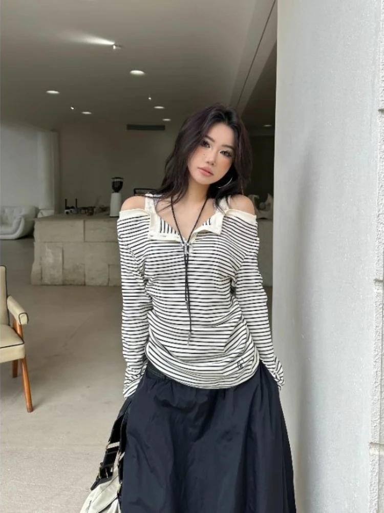 

HOUZHOU Gray Vintage Striped Women T-Shirts Y2k Off Shoulder Long Sleeve Korean Fashion Tees Loose Preppy Casual Gyaru Autumn