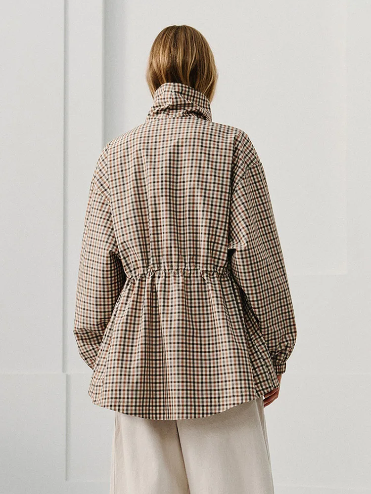 Slimming Checkered Long Sleeve Collared Coat Women's Fashionable Versatile Drawstring Waist Curb Size Autumn New Arrival