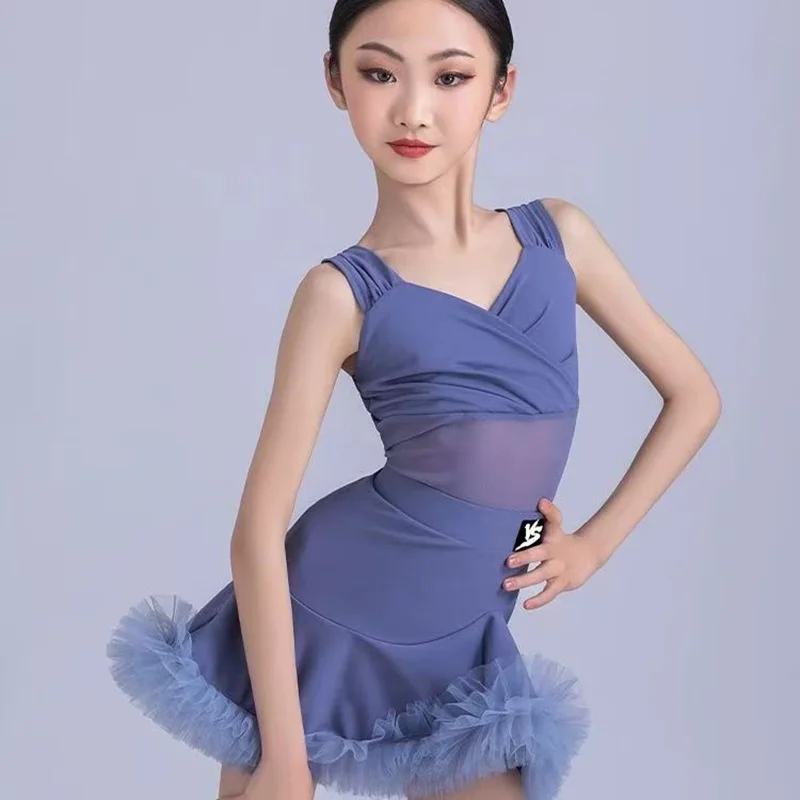Crianças vestido de dança latina azul samba traje de dança latina para meninas cha cha prática roupas de dança conjunto saia para menina