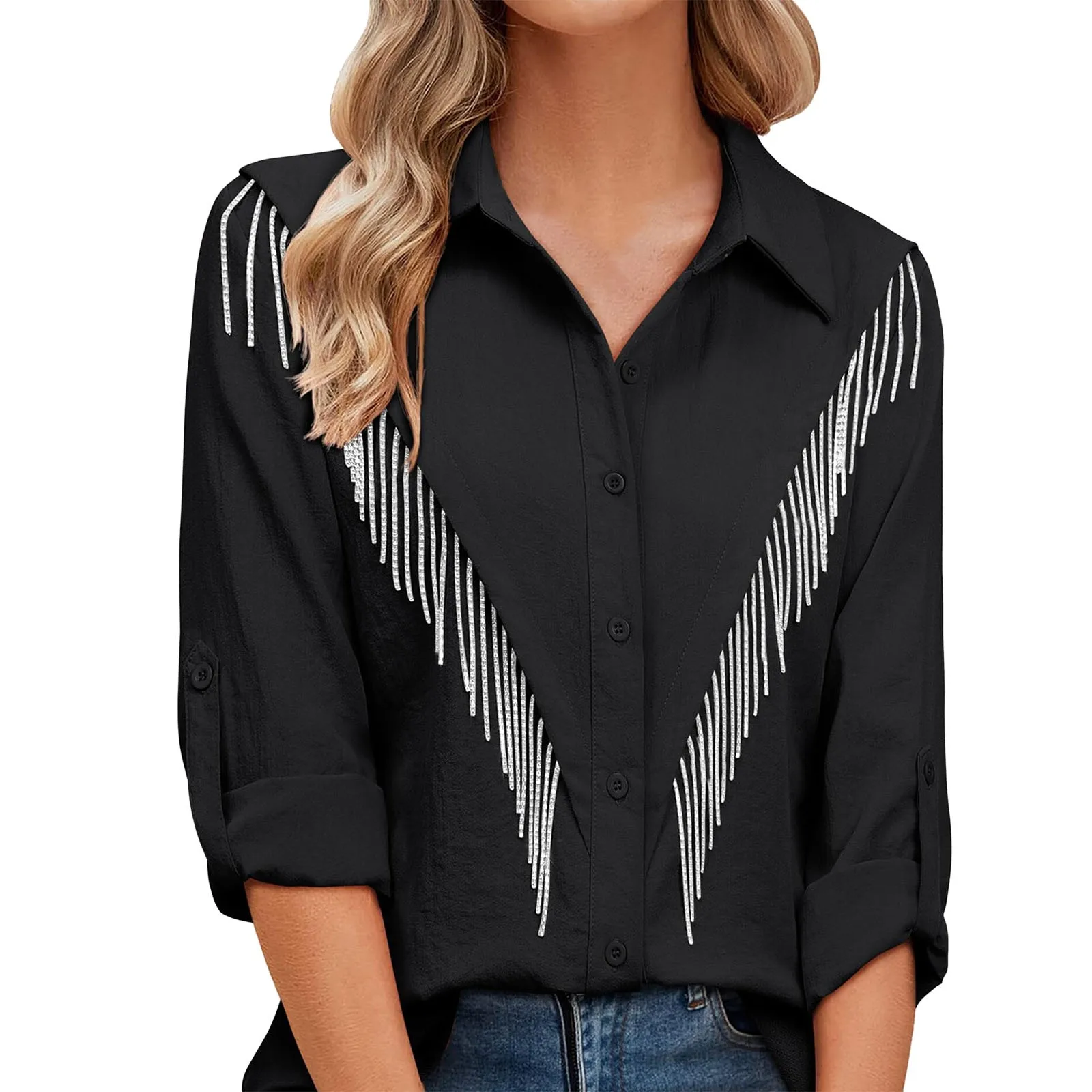 Shiny Women Tassels Shirt Top Button Down Long Sleeve Sparkly Shirt Blouse Hip Hop Concert Women Outfit Luxury Party Shirt