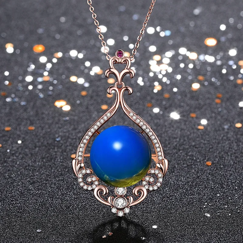 

Blue Amber Pendant Jewelry Women Fox Zircon Fashion Necklace Chinese Amulet 925 Silver Crystal Gifts Gemstone Charm Natural