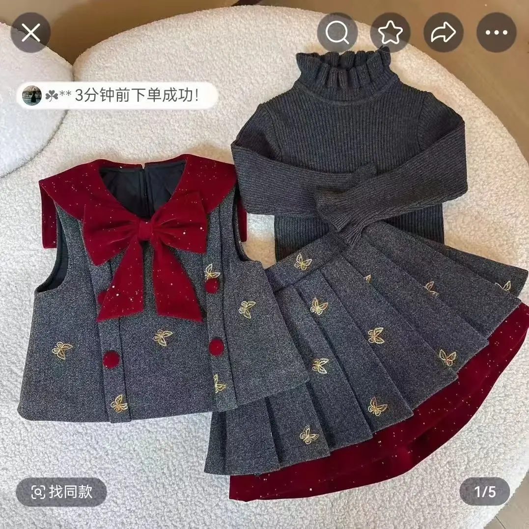 

Autumn Winter Clothing Sets 3PCS Thick Warm Elegance Vest+Pleated Skirt+Knit Sweater Girls School Suit Kids Fashion Kids Costume