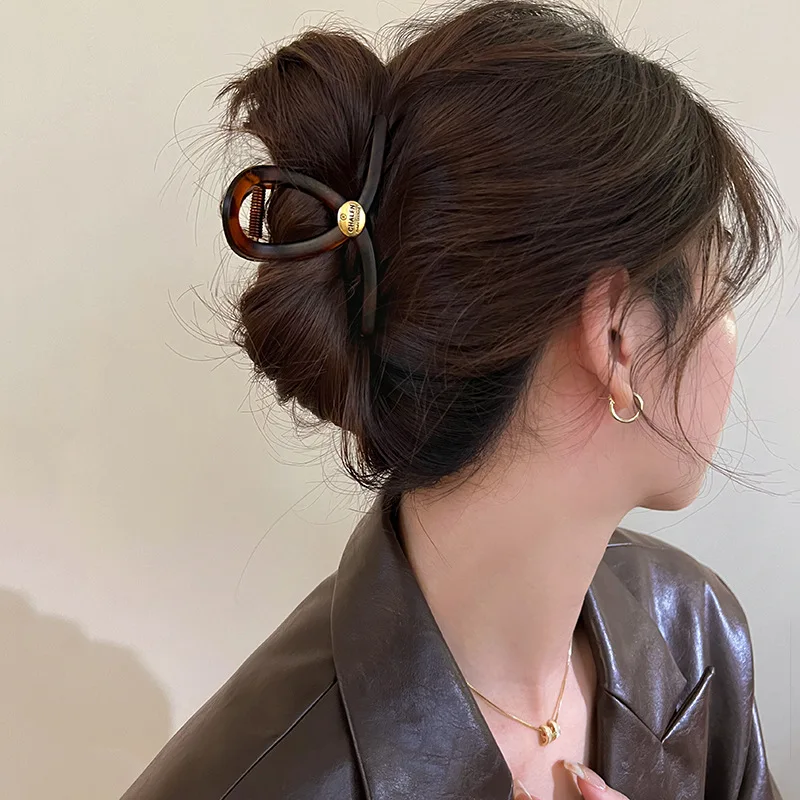 1pc 2026 New Korean Tortoiseshell Gold Letter Hair Claw Large Back of Head Shark Clip for Women Non Slip