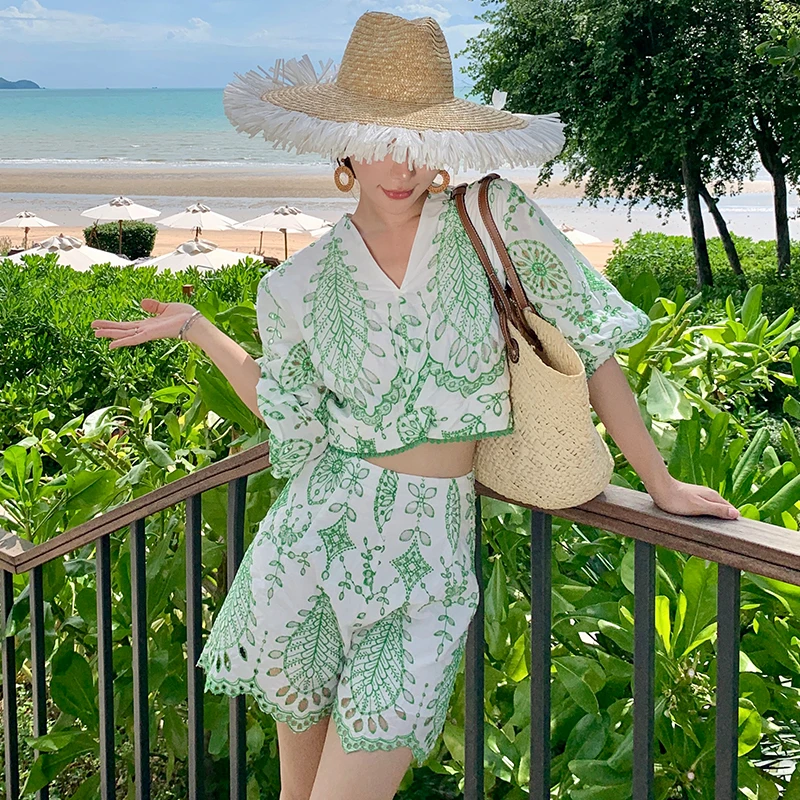 

American Retro Embroidery Holiday Beach Shorts 2 Piece Sets Women Outfit Summer Short Top And High Waist Shorts Two Piece Set