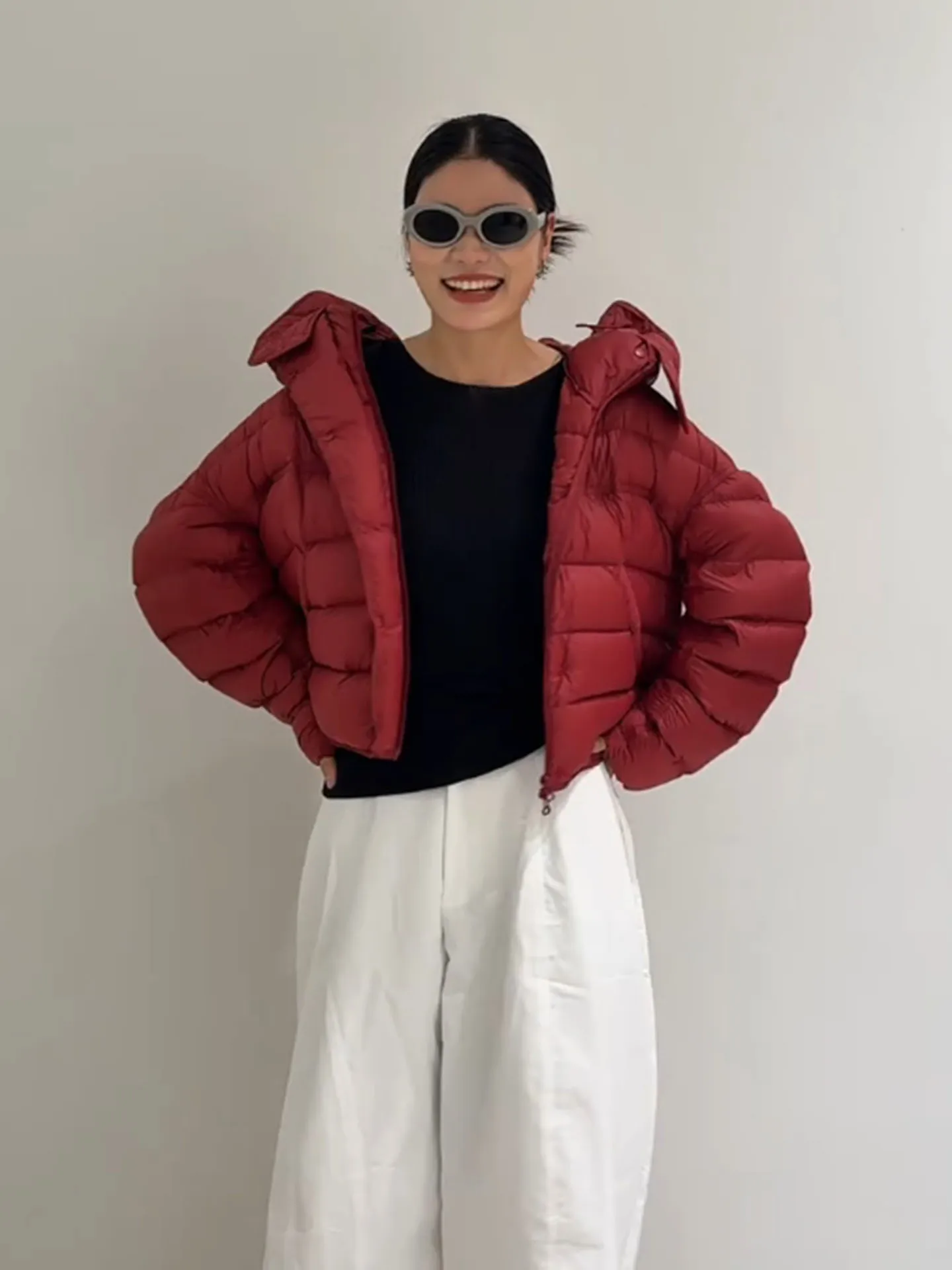 Red Hooded ort down Jaet Women's 2025 Winter New Sle Bread Coat High Waist Polyester Fiber White Du down Filling