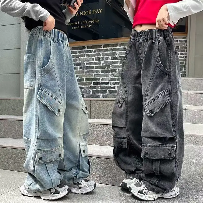 New Kids Teenager Fashion Casual Trousers Autumn Kids Girl Cargo Jeans With Multi Pocket Children Luxury Straight Denim Pants