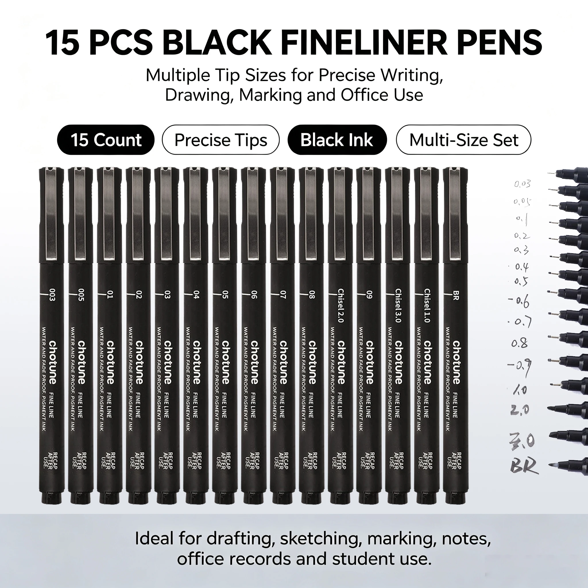 3-15‑Sizes Black Micro Fine Liner Pens,Waterproof, Fine Tip Markers for Artist Sketch Technical Drafting Drawing Art Supplies