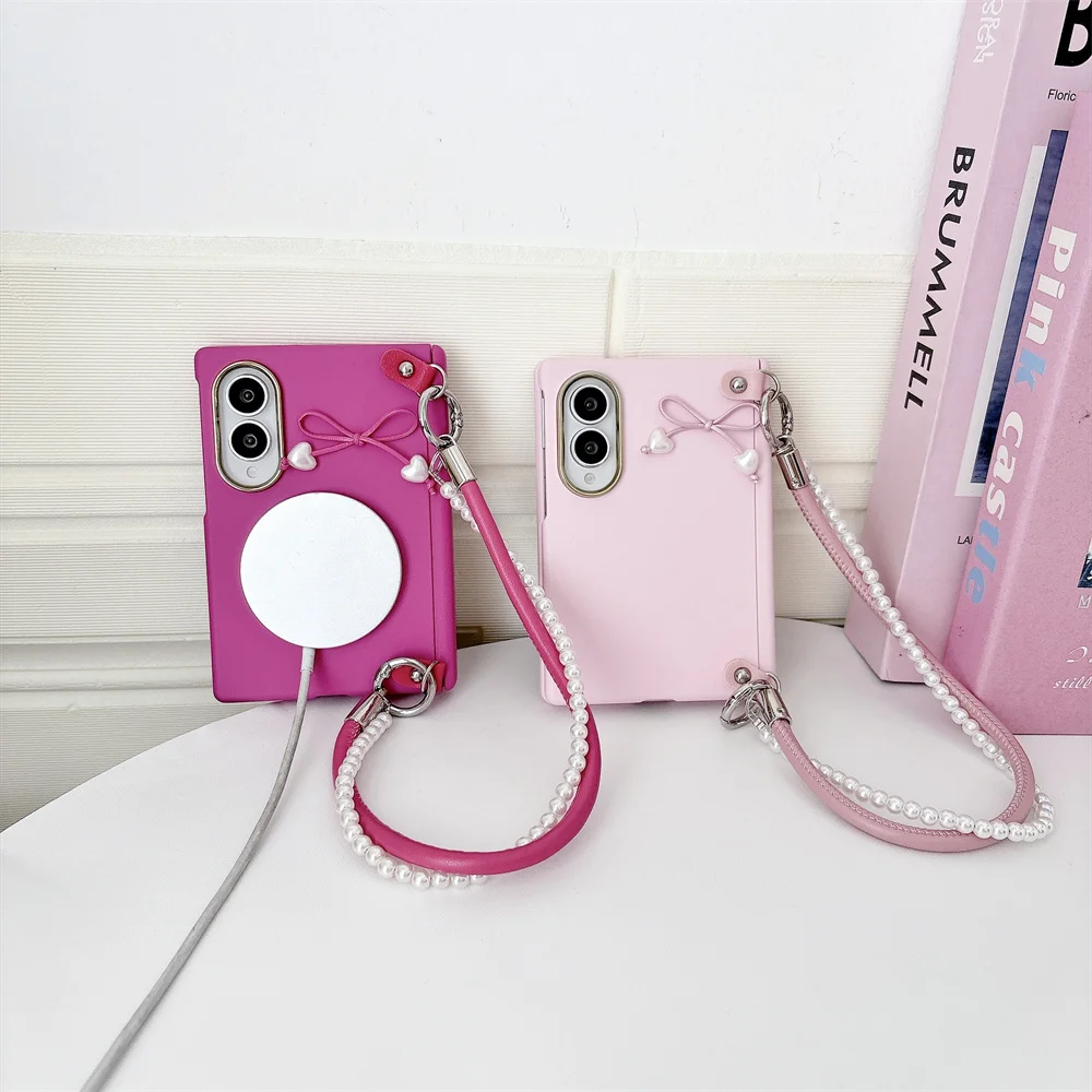 Cute Bow Heart Decor Phone Case For Samsung Galaxy Z Fold 8 Compatible Magnetic Charging Hinge Protective Cover With Pearl Strap