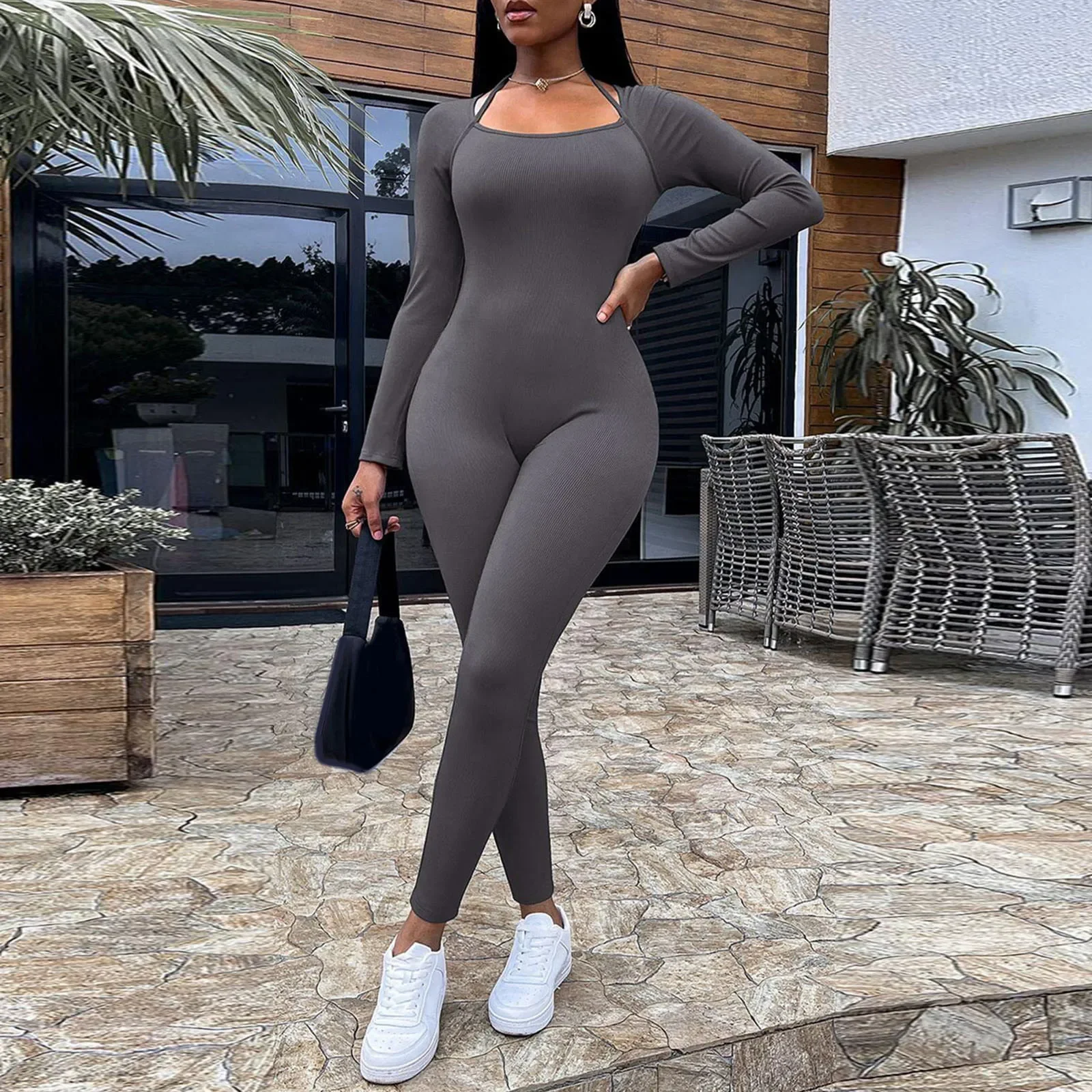 

Women's Spring Autumn Long Jumpsuit Long Sleeve Solid Skinny Bodycon Rompers Solid Color U Neck Slim Bodysuit Fitness Overalls