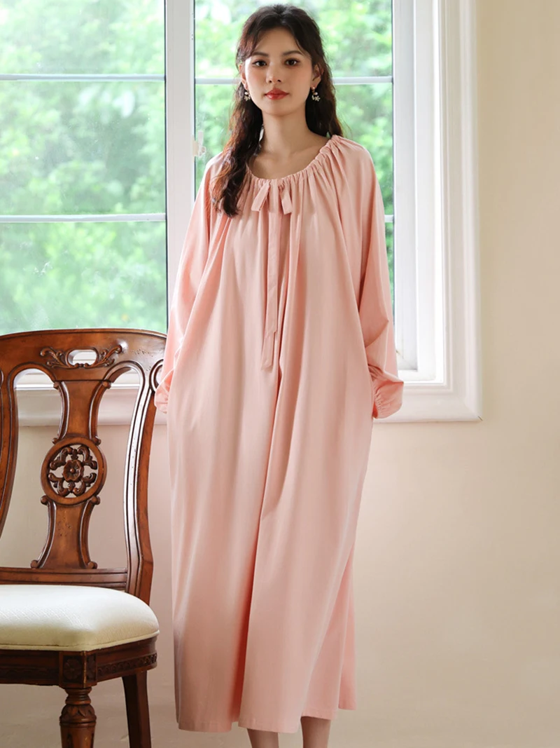 

Female Ladies Drawstring Long Sleeve Cotton Princess Nightgown for Women Spring Sweet Loose Sleepwear Victorian Nightwear