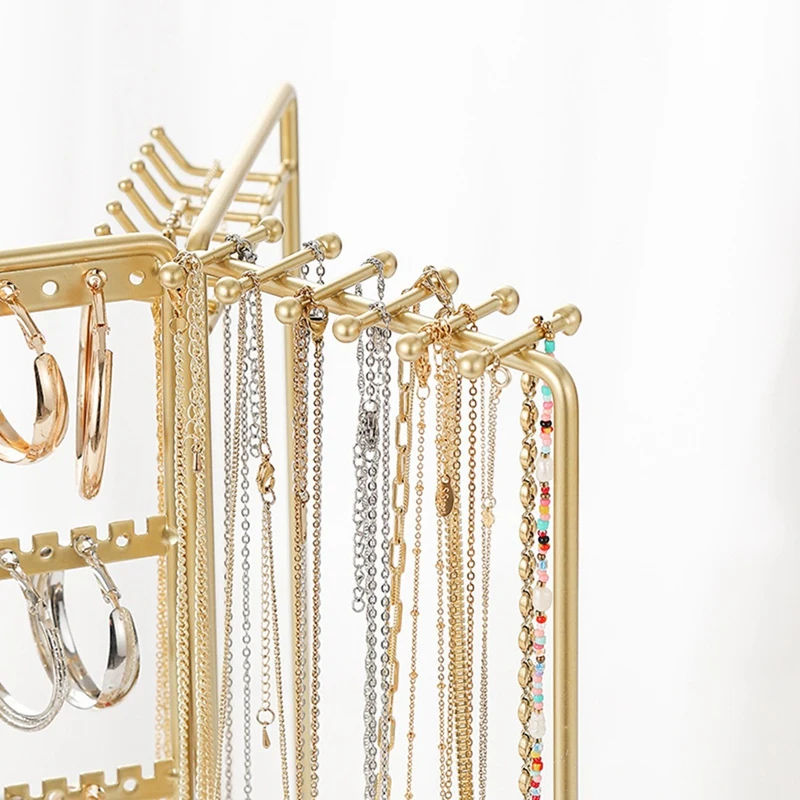 Jewelry Organizer Stand Rotating Jewelry Display With Metal Frame, With Bottom Tray, Jewelry Tower Organizer