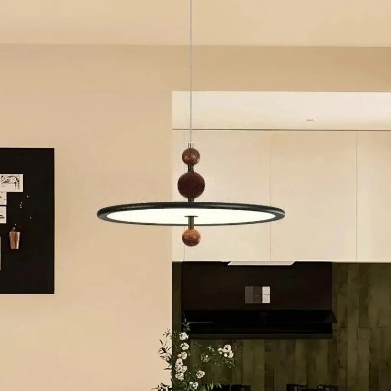 Nordic Retro Wood Grain Disc LED Pendant Light Full Spectrum Minimalist Eye Protection Master Bedroom Living Room Hanging Lamp