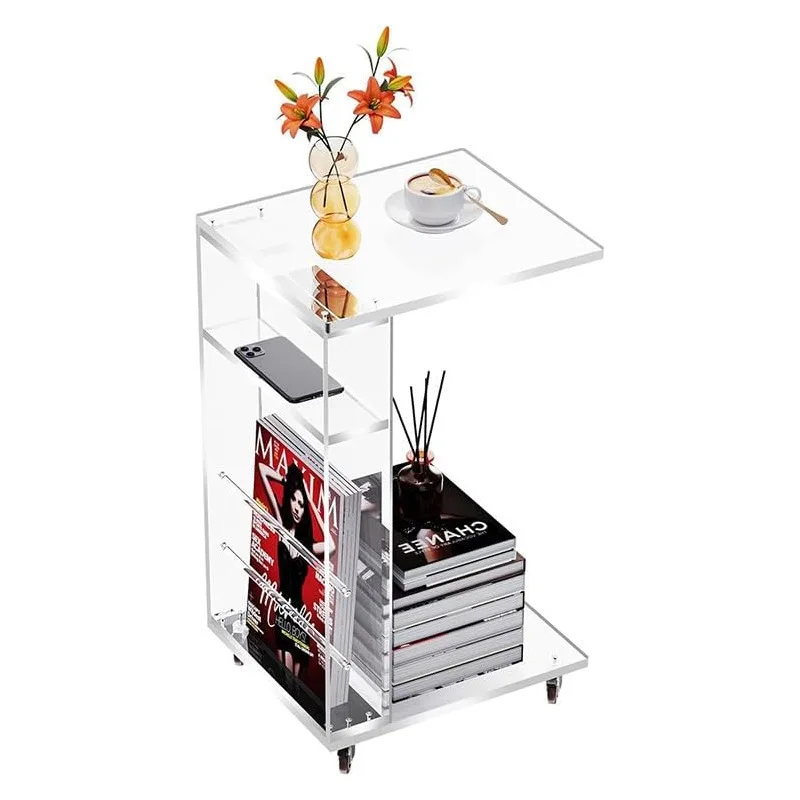 Transparent acrylic side tables with locking wheels, C-shaped sofa side tables, mini coffee tables suitable for small spaces