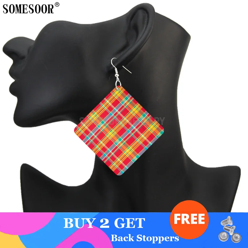 SOMESOOR Madras Plaid Fabric Print Wooden Drop Earrings Yellow Red Orange Patchwork African Ethnic Square Women Dangle Jewelry