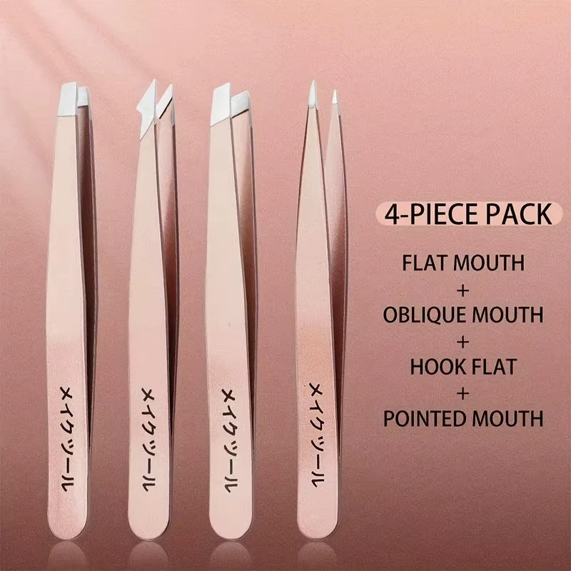 4pcs Rose Golden Tweezers Eyebrow Clips Eyelash Extension High-end Flat Slant Point Eyebrow Beauty Set Stainless Steel Clip