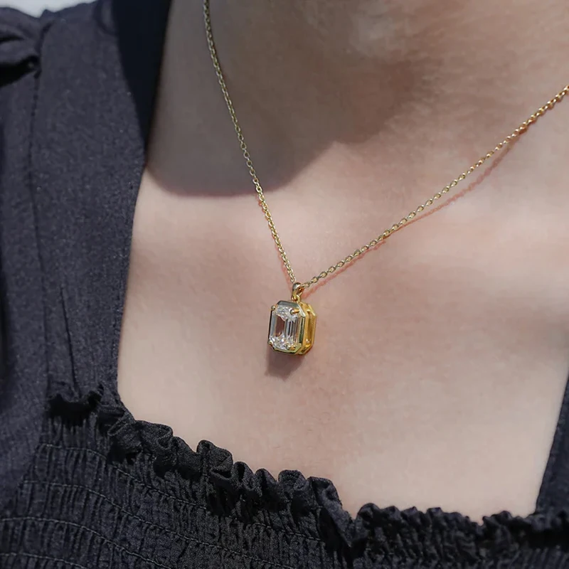 OXTAO Emerald Cut Minimalist Solitaire Pendant Necklace for Women 4CT Moissanite Charm Necklace Wedding Jewelry 14K Gold Filled view 6