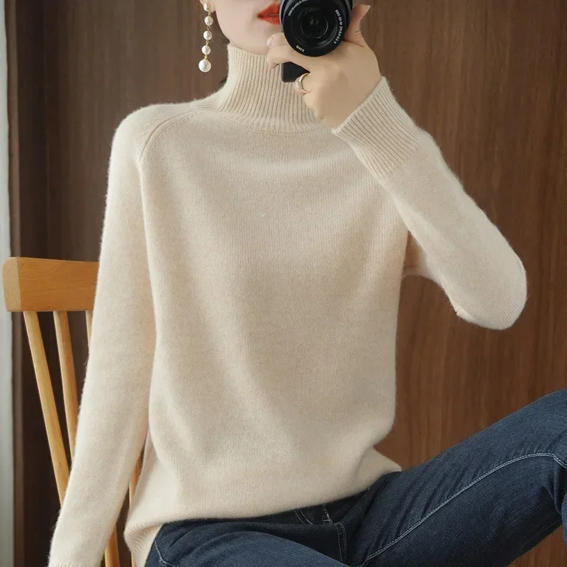 

Thick Knitted High-Nosed Sweater for Women Loose-Fit Long-Sleeves Color-Bloc Designer Style Korean Fashion Autumn Winter Top