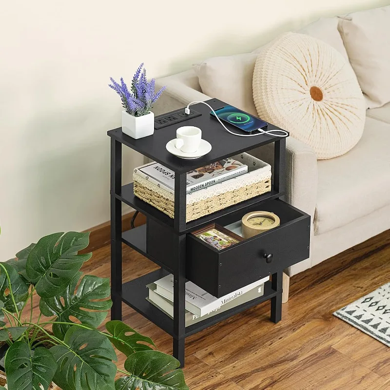 

Lerliuo Nightstand With Charging Station And USB Ports 3-Tier Storage End Table With Drawer Shelf Night Stand For Small Spaces