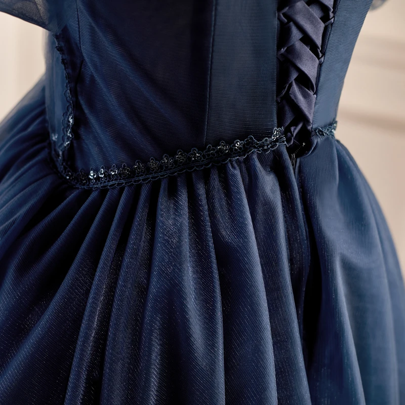 AnXin SH princesa nave flor azul encaje correa de espagueti rebordear cristal corto vestido de noche personalizado pequeño vestido negro