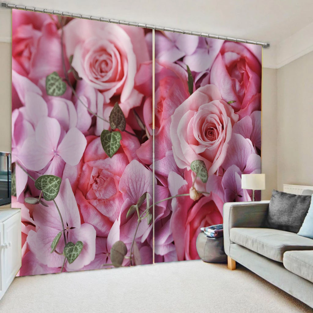 Beautiful Photo Fashion Customized 3D Curtains pink rose wedding curtains 3D Window Curtains For Living Room Bedroom