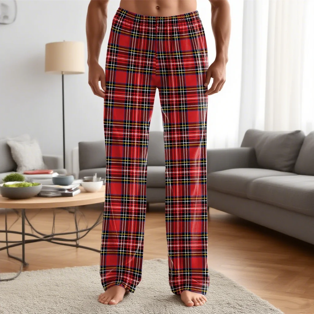 بنطال بيجامة منقوش خفيف الوزن للرجال (أحمر/أسود) - قيعان النوم والصالة مع جيوب، رباط جديد لعيد الميلاد