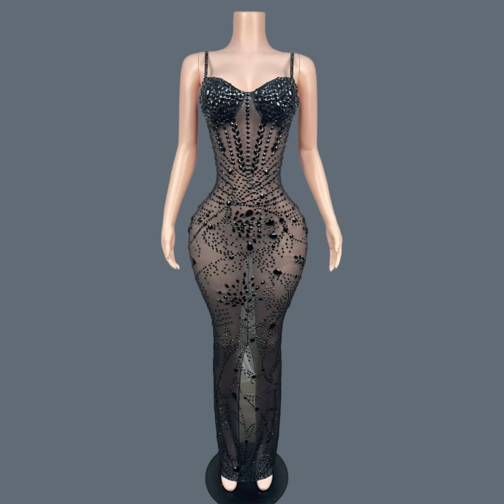 

Sparkly Sexy Mesh See Through Rhinestone Slip Dress Women Elegant Birthday Prom Luxury Evening Gown Red Carpet Club Outfit Zhiya