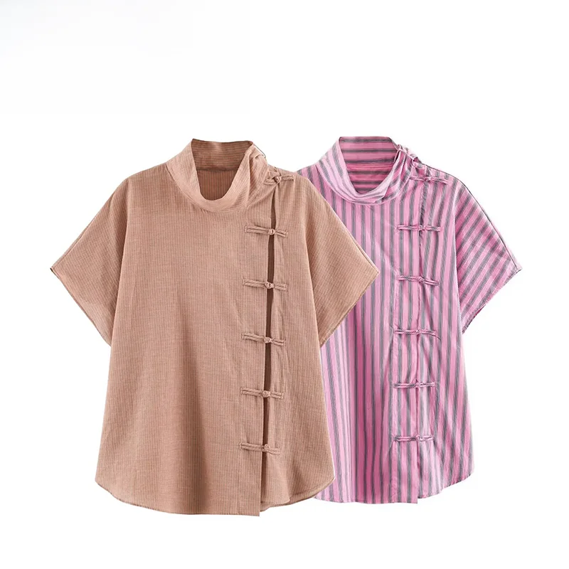 Fashionable Stripe Rope Buckle Shirt Women's Summer New Style Versatile Breathable Short Sleeve Polyester Fiber Shirt