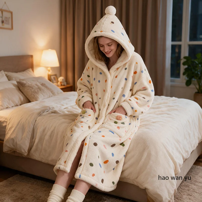 Autumn and Winter Coral Fleece Pajamas Women Thickened and Plush Cute Cartoon Hooded Nightgowns Sweet Home Clothes Bathrobe