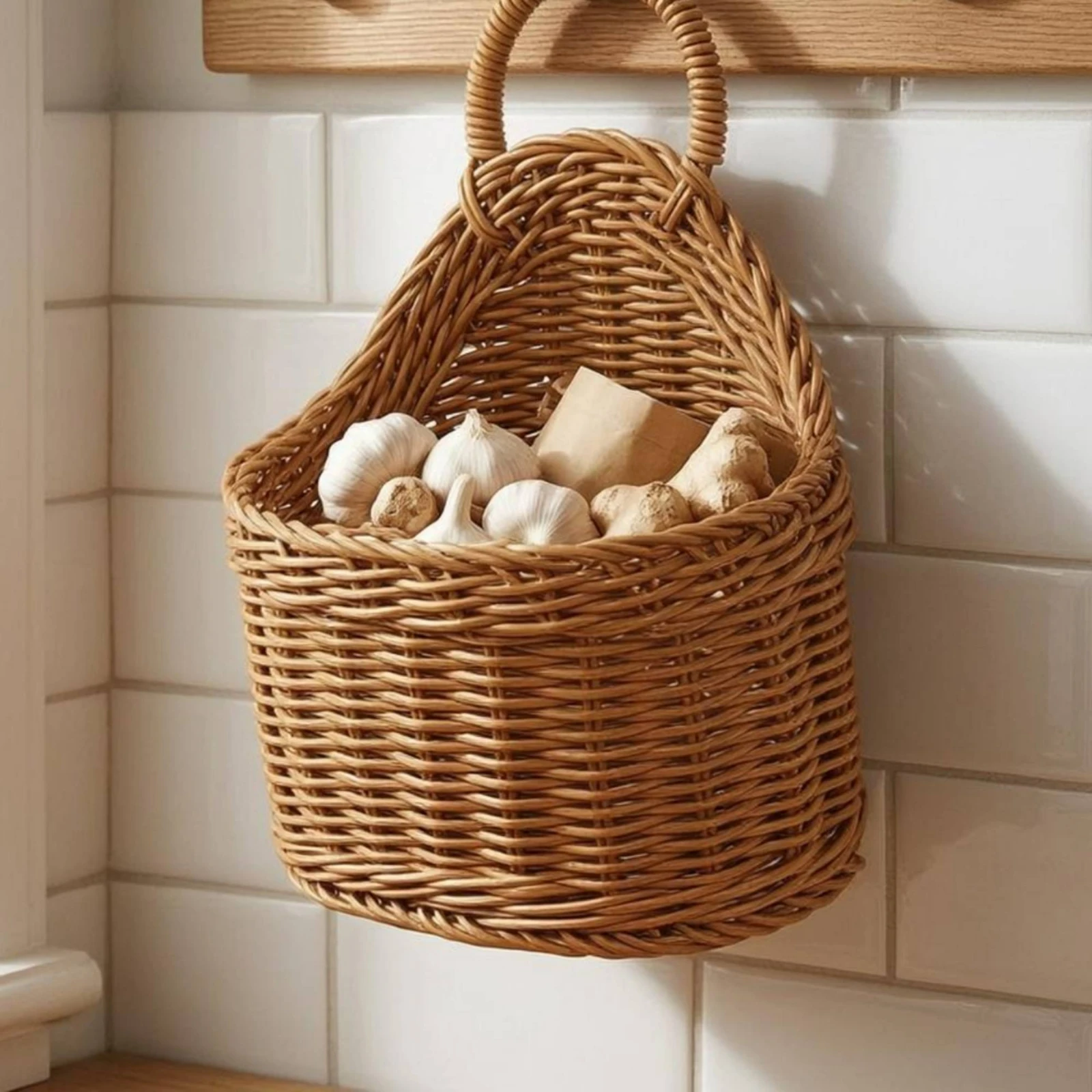 Hanging Wicker Basket Textured Woven Wicker Basket Home Decor Multi-Use Farmhouse Style for Kitchen