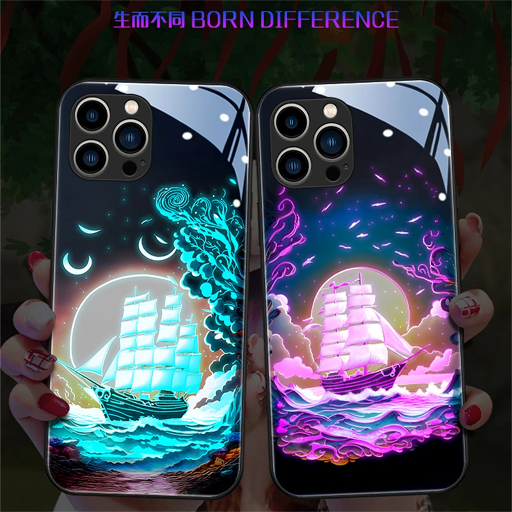 Sailboat Colorful LED Light Glow Luminous Tempered Glass Phone Case For iPhone 15 14 13 12 11 Pro Max X XR XS 6 7 8 Plus SE2020 image 3