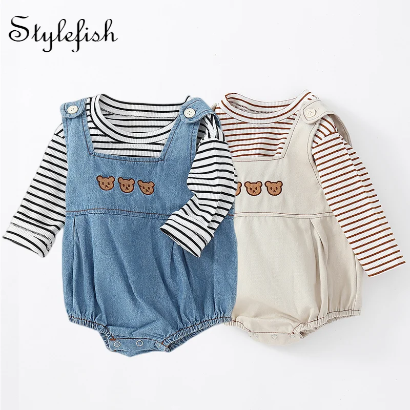 Autumn 2022 baby cotton set new boys' and girls' striped T-shirt + bear embroidered shoulder band romper 2pcs set