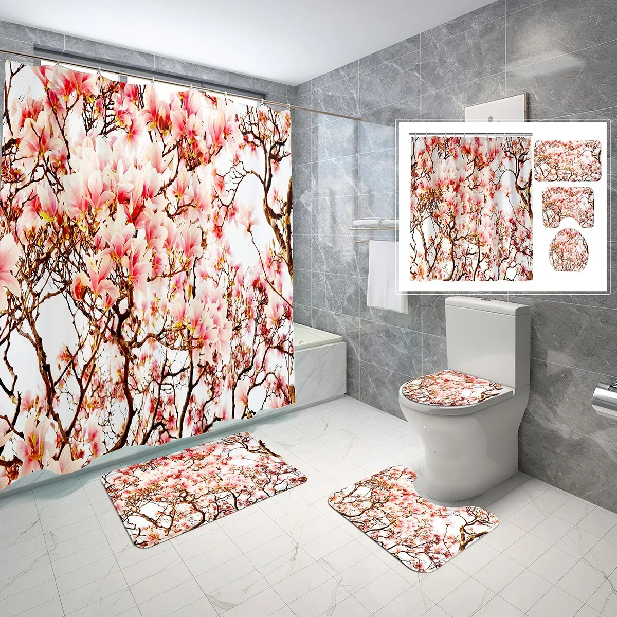 4 Pcs Magnolia Shower Curtain Sets Nature Spring Pink Flower Petals Non-Slip Bath Mat Toilet Cover Waterproof Shower Curtain Set