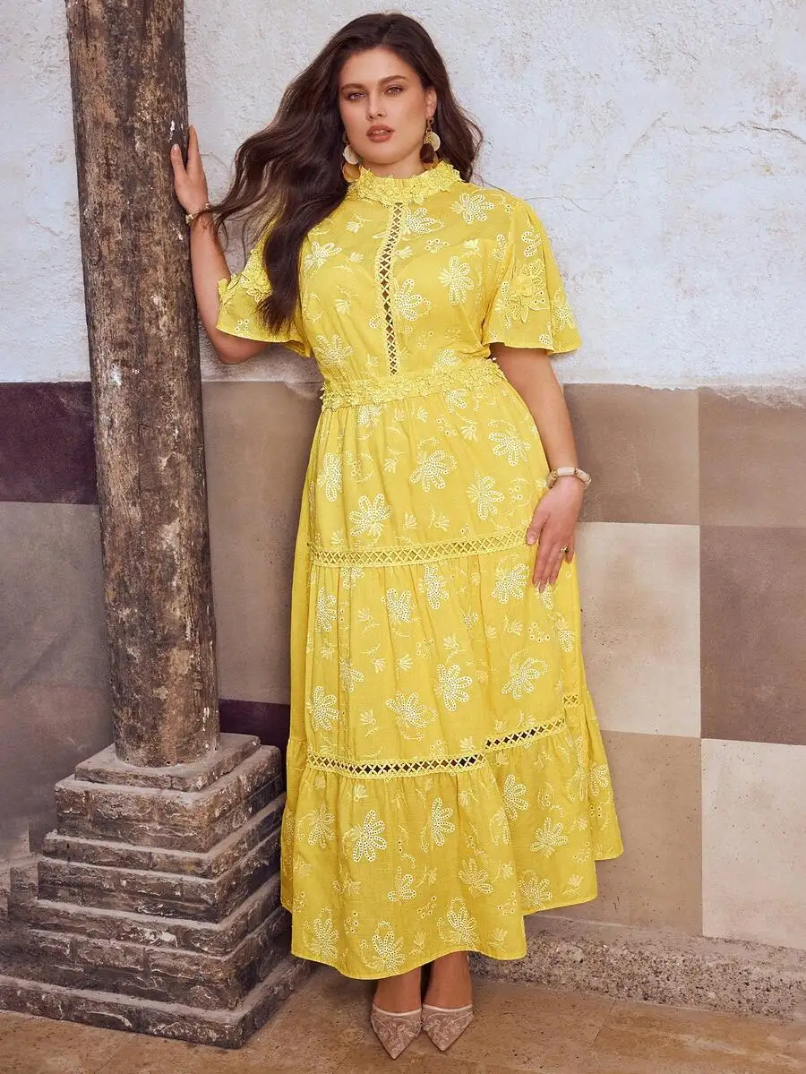 

Plus Size Womens Spring Summer Elegant Floral Embroidery Short Sleeve Ruffle Maxi Dress For Party Wedding