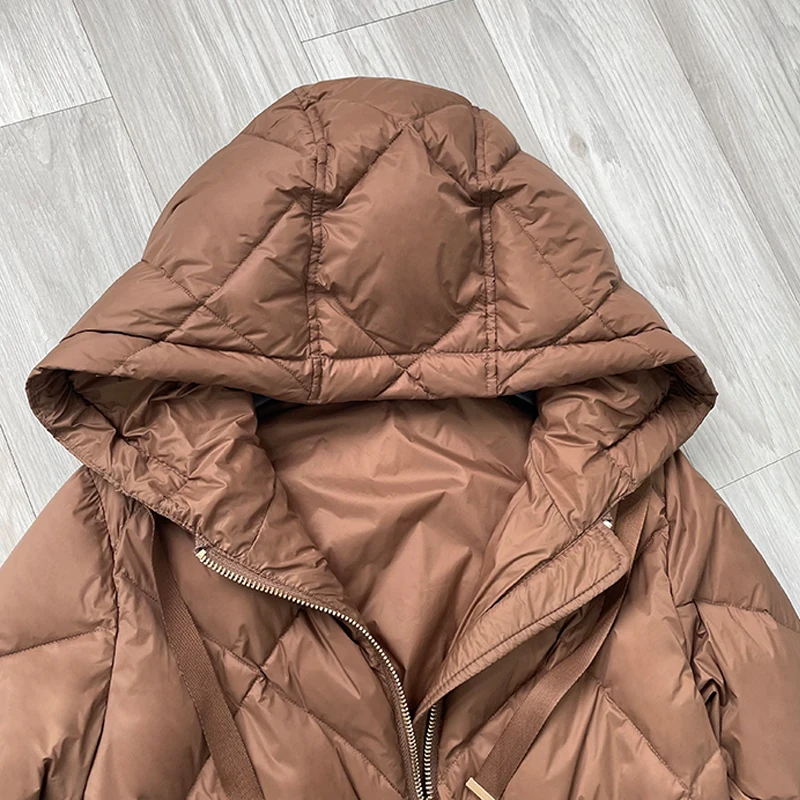 Luxury Women Hooded down jacket with belt Winter Camel Hooded Long puffer coat Parks Zipper Outwear Fashion  INKEO 2O196