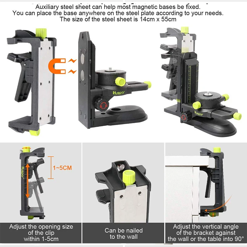 Huepar Fine-tuning Bracket Laserniveau-adapter Multifunctionele magnetische draaibare basis met verstelbare clip 360° °   Verstelbaar gereedschap