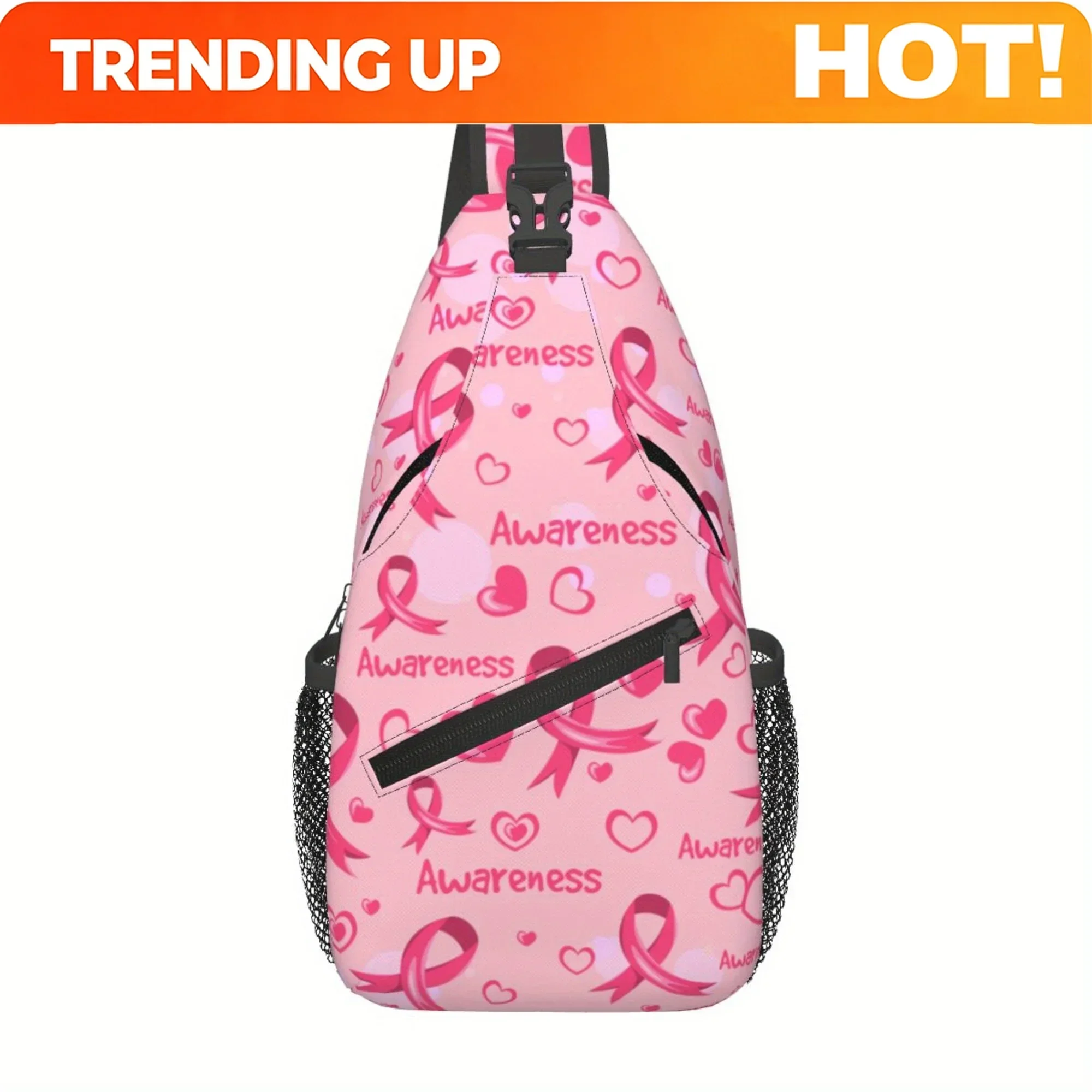 Custom Pink Ribbon Breast Cancer Heart Men's Crossbody Bag, Fashionable And Durable Chest Pack With Colorful Heart Design